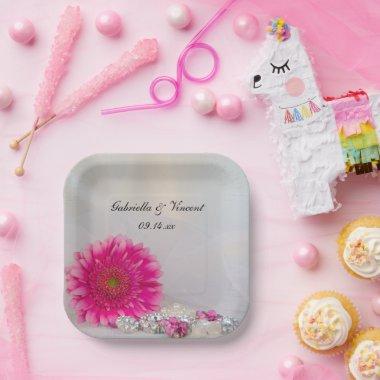 Pink Gerbera Daisy and Buttons Wedding Paper Plates