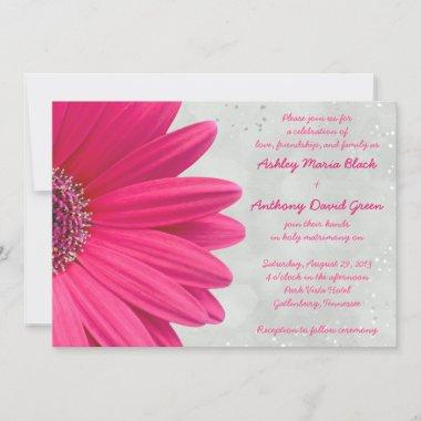 Pink Gerbera Daisy Grey Gray Wedding Invitations