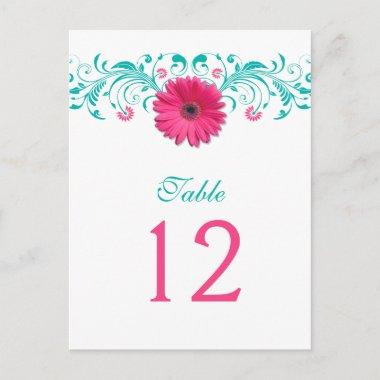 Pink Gerbera Daisy Turquoise Table Number Card