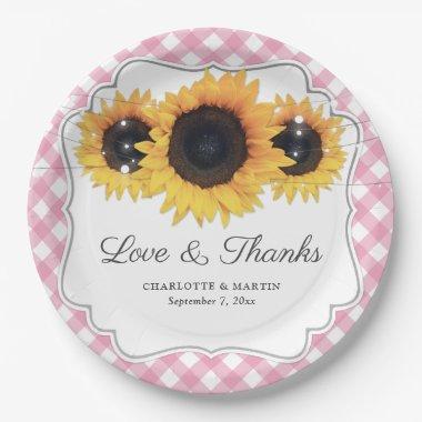 Pink Gingham Sunflower Love and Thanks Wedding Paper Plates