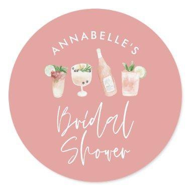 Pink girly modern cocktail script bridal shower classic round sticker