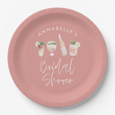 Pink girly modern cocktail script bridal shower paper plates