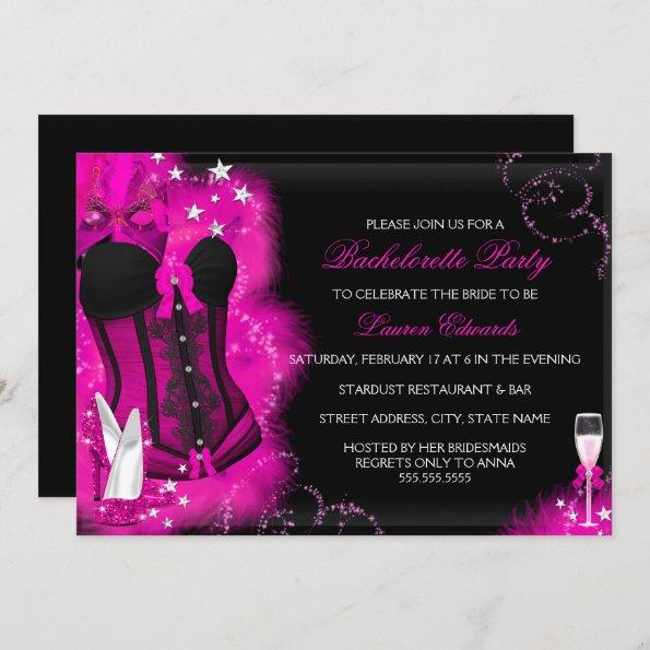 Pink Glam Feather Corset Bachelorette Party Invite