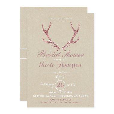 Pink Glitter Antlers Rustic Kraft Bridal Shower Invitations