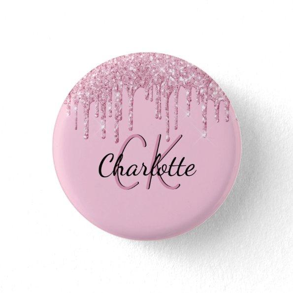 Pink glitter drips custom monogram name button