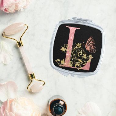 Pink Glitter Floral Letter L Compact Mirror