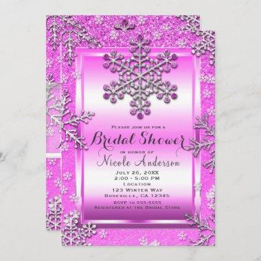Pink Glitter Glam Winter Wonderland Snowflakes Invitations