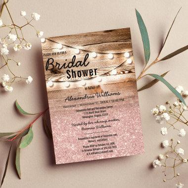 Pink Glitter Hanging Lights Wood Bridal Shower Invitation PostInvitations