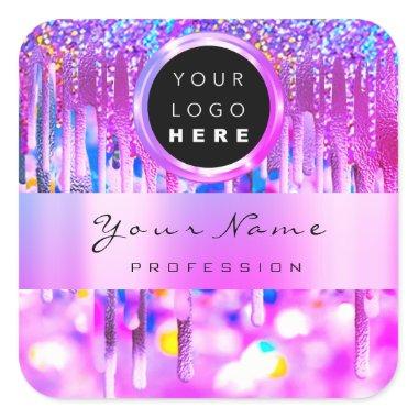 Pink Glitter Holographic Business Logo Name Square Sticker