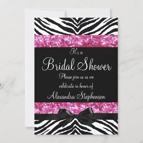 Pink Glitter Zebra Bow Bridal Shower Invitations