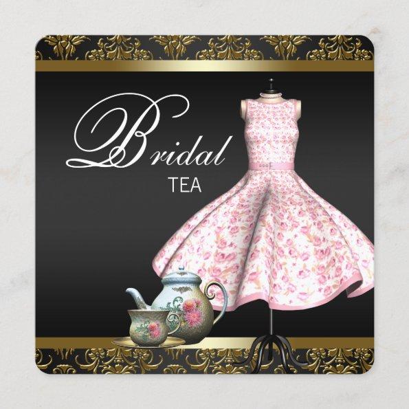 Pink Gold and Black Damask Bridal Tea Party Invitations