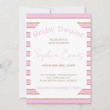 Pink Gold and White Striped Bridal Shower Invitations