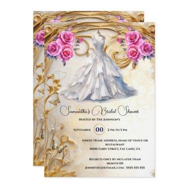 Pink gold bridal gown roses luxurious flowers