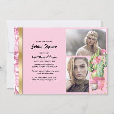 Pink gold cactus succulent two color photo girly Invitations