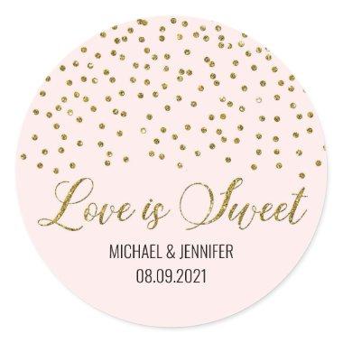 Pink Gold Confetti Love is Sweet Wedding Classic Round Sticker