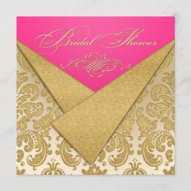 Pink, Gold Damask, Scroll Bridal Shower Invitations