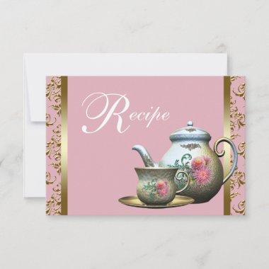 Pink Gold Damask Tea Cup Recipe Invitations