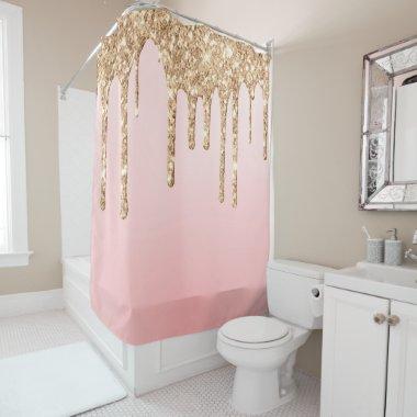 *~* Pink + Gold Drips Dripping GLITTER AP7 Shower Curtain