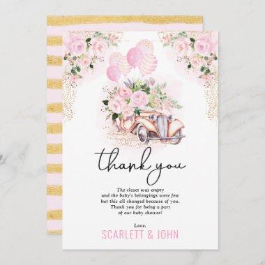 Pink Gold Floral Car Drive By Baby Girl Shower Thank You Invitations