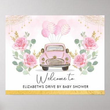 Pink Gold Floral Drive By Baby Shower Welcome Poster