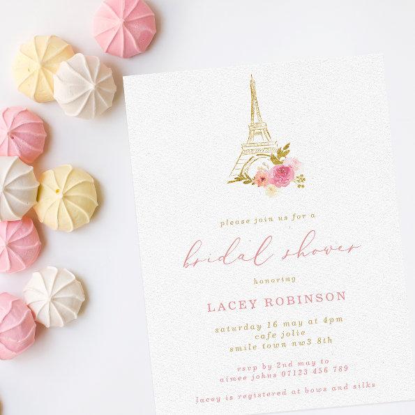 Pink & Gold Floral Eiffel Tower Bridal Shower Invitations