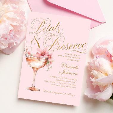 Pink Gold Floral Petals and Prosecco Bridal Shower Invitations