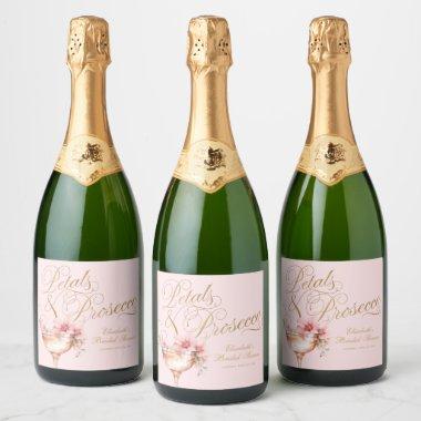 Pink Gold Floral Petals and Prosecco Bridal Shower Sparkling Wine Label