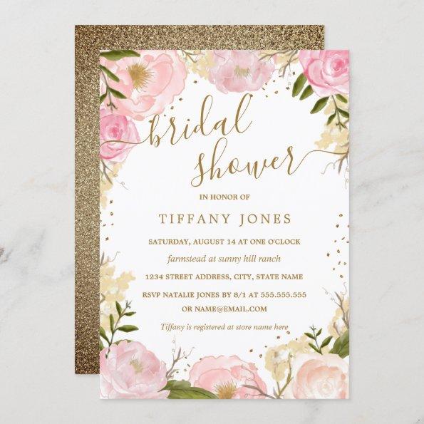 Pink Gold Floral Rose Watercolor Bridal Shower Invitations