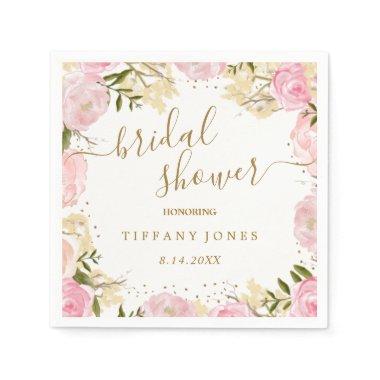 Pink Gold Floral Rose Watercolor  Napkins
