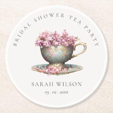 Pink Gold Floral Teacup Bridal Shower Tea Party Round Paper Coaster