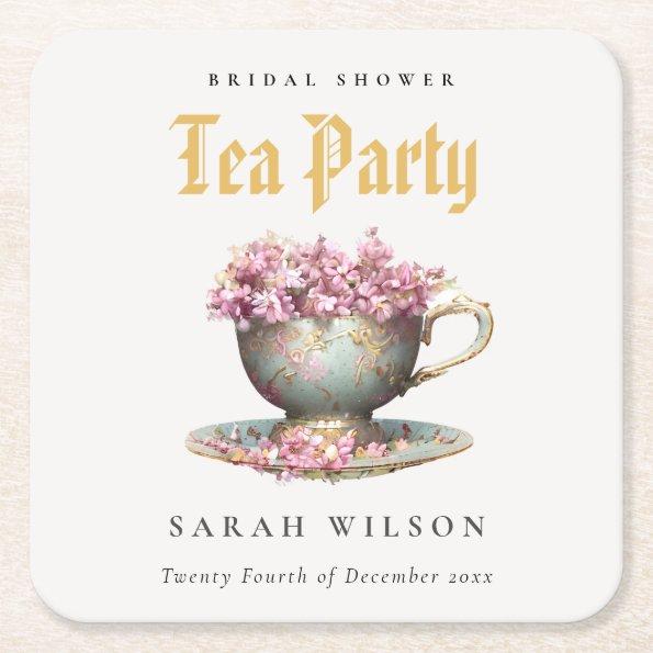 Pink Gold Floral Teacup Bridal Shower Tea Party Square Paper Coaster