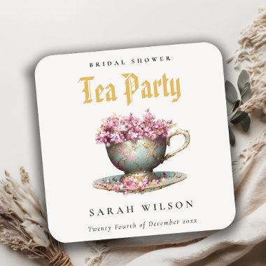 Pink Gold Floral Teacup Bridal Shower Tea Party Square Paper Coaster