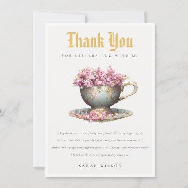 Pink Gold Floral Teacup Bridal Shower Tea Party Thank You Invitations