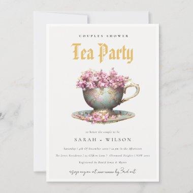 Pink Gold Floral Teacup Couples Shower Tea Party Invitations