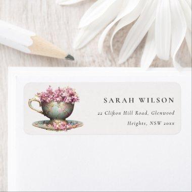 Pink Gold Floral Teacup Tea Party Address Label