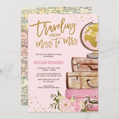 Pink & Gold Floral Travel Bridal Shower Invitations