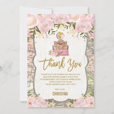 Pink Gold Floral Travel Map Bridal Shower Thank You Invitations