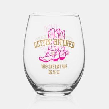 Pink Gold Gettin' Hitched Stemless Wine Glass