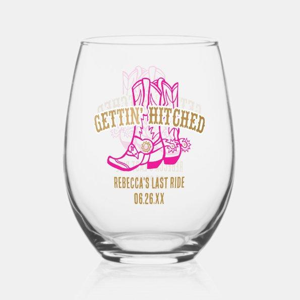 Pink Gold Gettin' Hitched Stemless Wine Glass