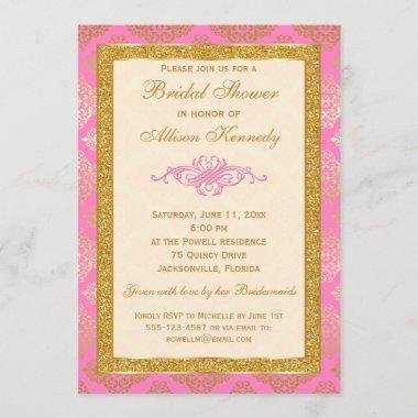 Pink, Gold Glitter Damask Bridal Shower Invitations