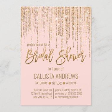 Pink Gold Glitter Fringe Curtain Bridal Shower Invitations