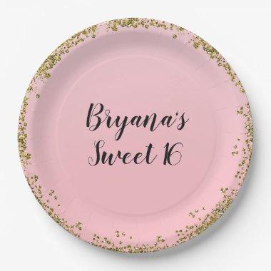 Pink Gold Glitter Glam Edge Sweet 16 Custom Party Paper Plates