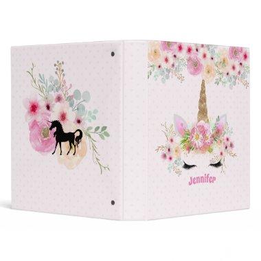 Pink Gold Glitter Unicorn Face Flowers Girls Gifts 3 Ring Binder