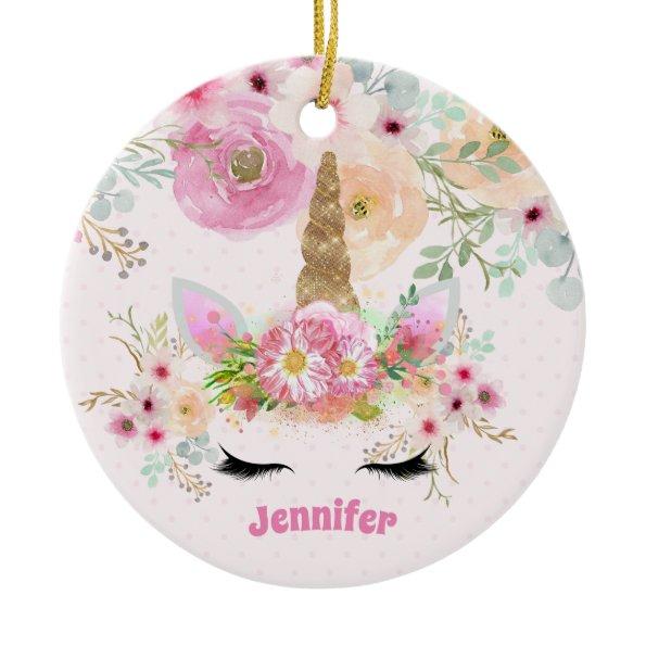 Pink Gold Glitter Unicorn Face Flowers Girls Gifts Ceramic Ornament