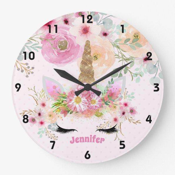 Pink Gold Glitter Unicorn Face Flowers Girls Gifts Large Clock