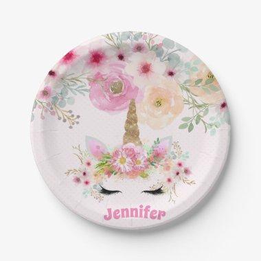 Pink Gold Glitter Unicorn Face Flowers Girls Gifts Paper Plates