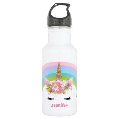 Pink Gold Glitter Unicorn Face Flowers Girls Gifts Stainless Steel Water Bottle