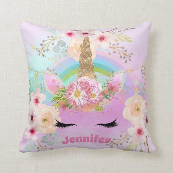 Pink Gold Glitter Unicorn Face Flowers Girls Gifts Throw Pillow