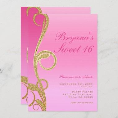 Pink & Gold Modern Chic Glam Swirl Sweet 16 Party Invitations