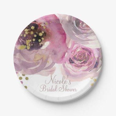 Pink & Gold Modern Floral Watercolor  Paper Plates